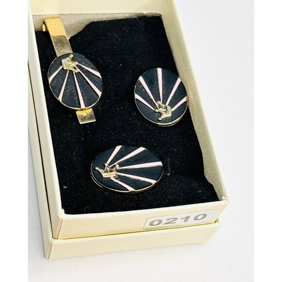 Vintage Gold & Enamel Crown Cufflinks & Tie Clip Set Black & Pink Design Mens Fo - Picture 6 of 6